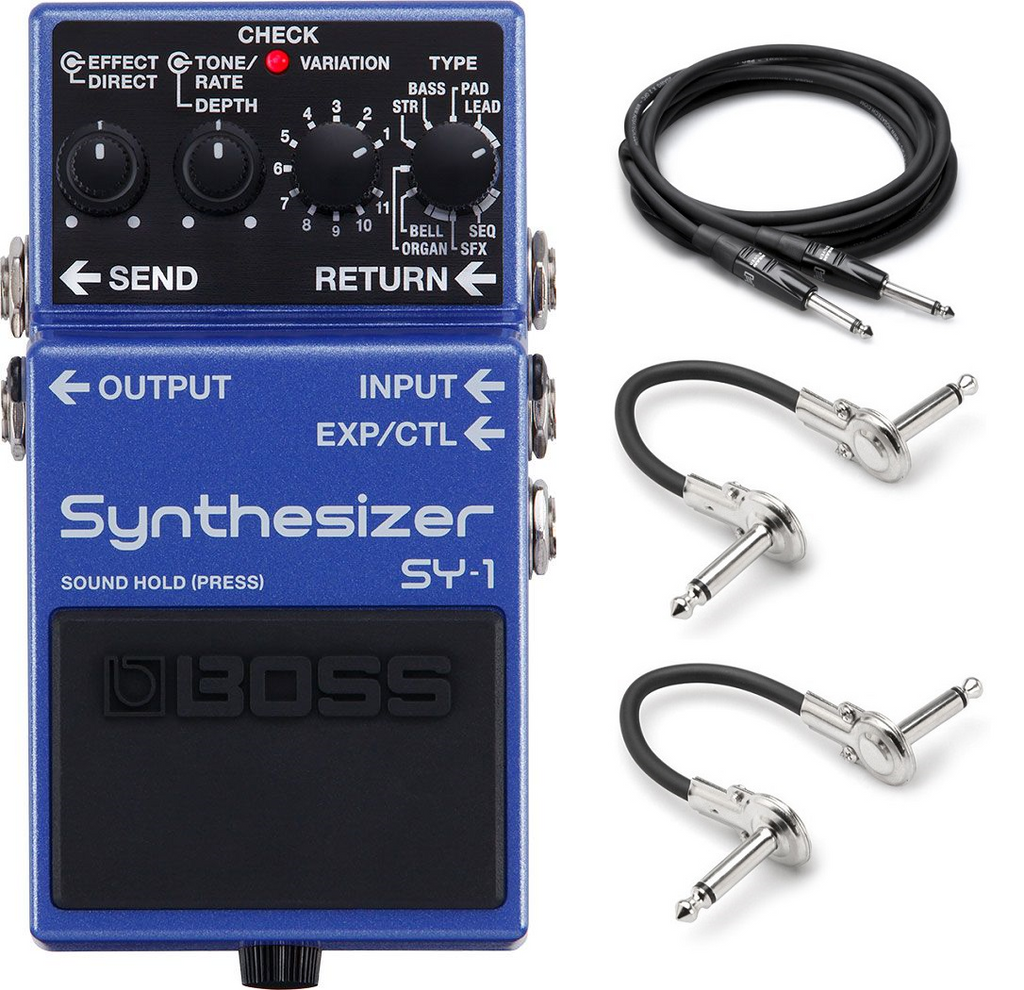 Boss SY-1 guitar synthesizer pedal, blue enclosure with bonus cables