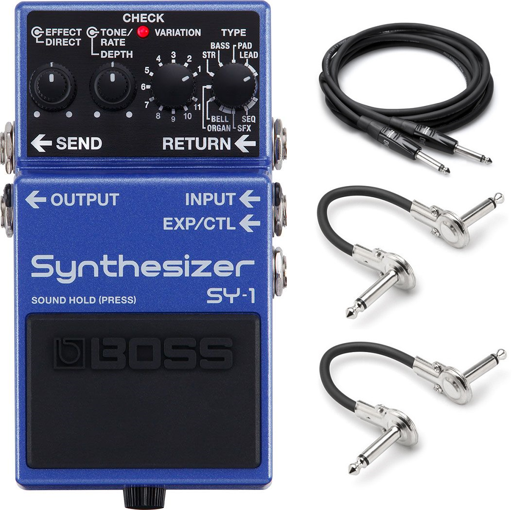 Boss SY-1 guitar synthesizer pedal, blue enclosure with bonus cables