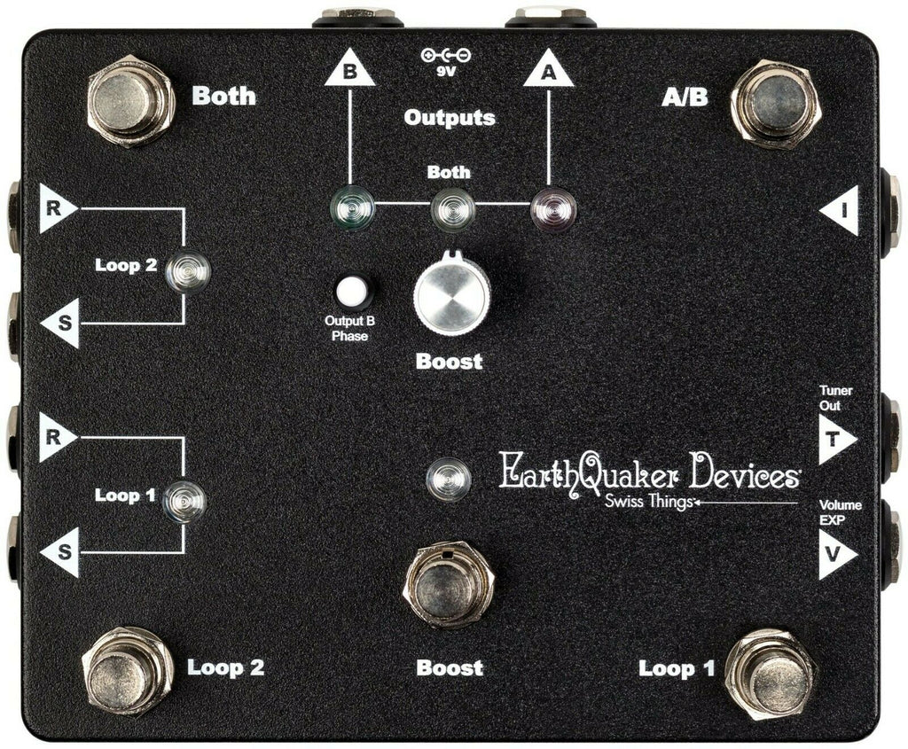 Earthquaker Devices Swiss Things pedalboard reconciler — black enclosure top view