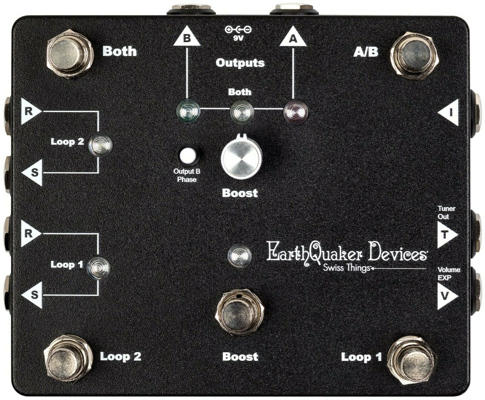 Earthquaker Devices Swiss Things pedalboard reconciler — black enclosure top view
