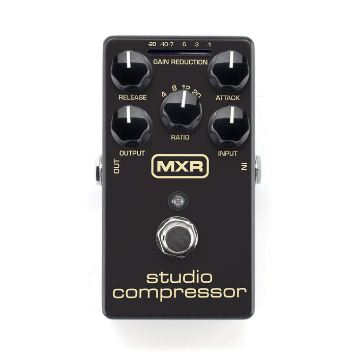 MXR M76 Studio Compressor — black enclosure with gold text, top-down view