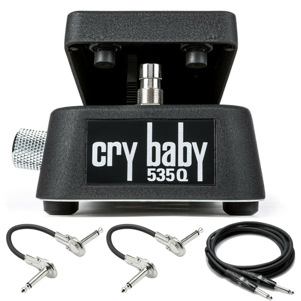 Dunlop 535Q Cry Baby Multi-Wah black pedal with two Hosa patch cables and guitar cable