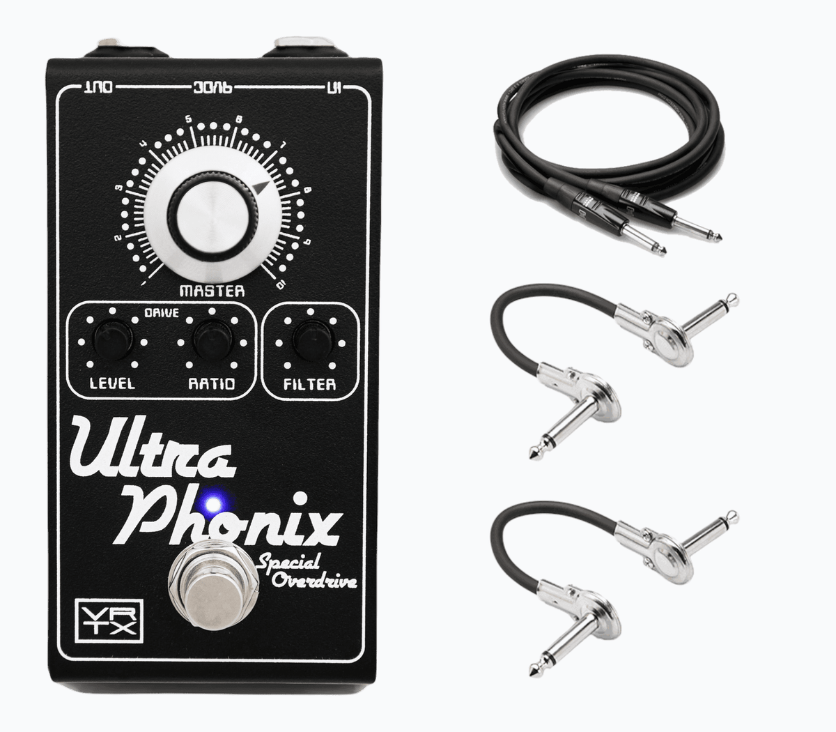 Vertex Ultraphonix MKII overdrive pedal — black enclosure shown with included Hosa cables