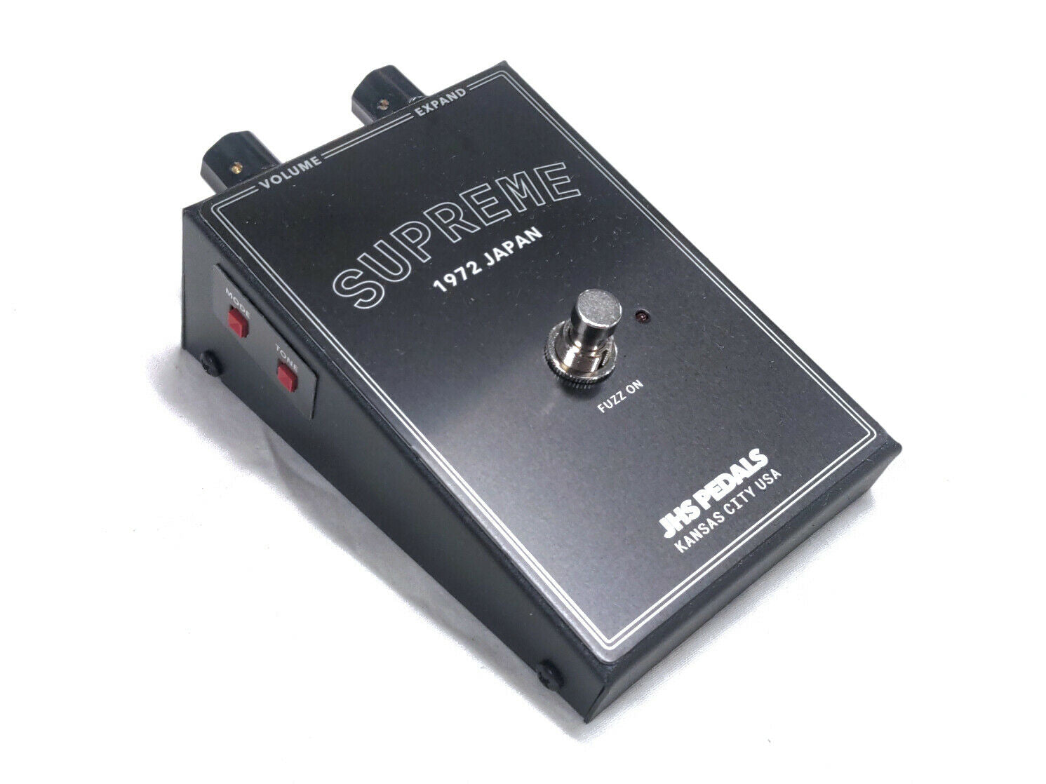 JHS Supreme Fuzz pedal Legends of Fuzz — side view showing Tone and Mode buttons