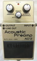 Boss AD-2 Acoustic Preamp pedal — champagne gold enclosure, ambience and resonance knobs