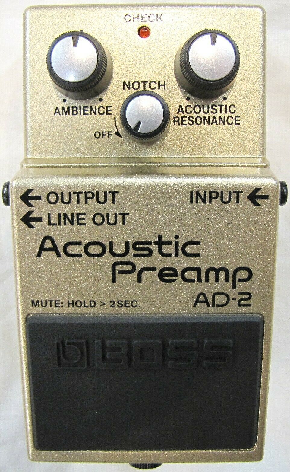 Boss AD-2 Acoustic Preamp pedal — champagne gold enclosure, ambience and resonance knobs
