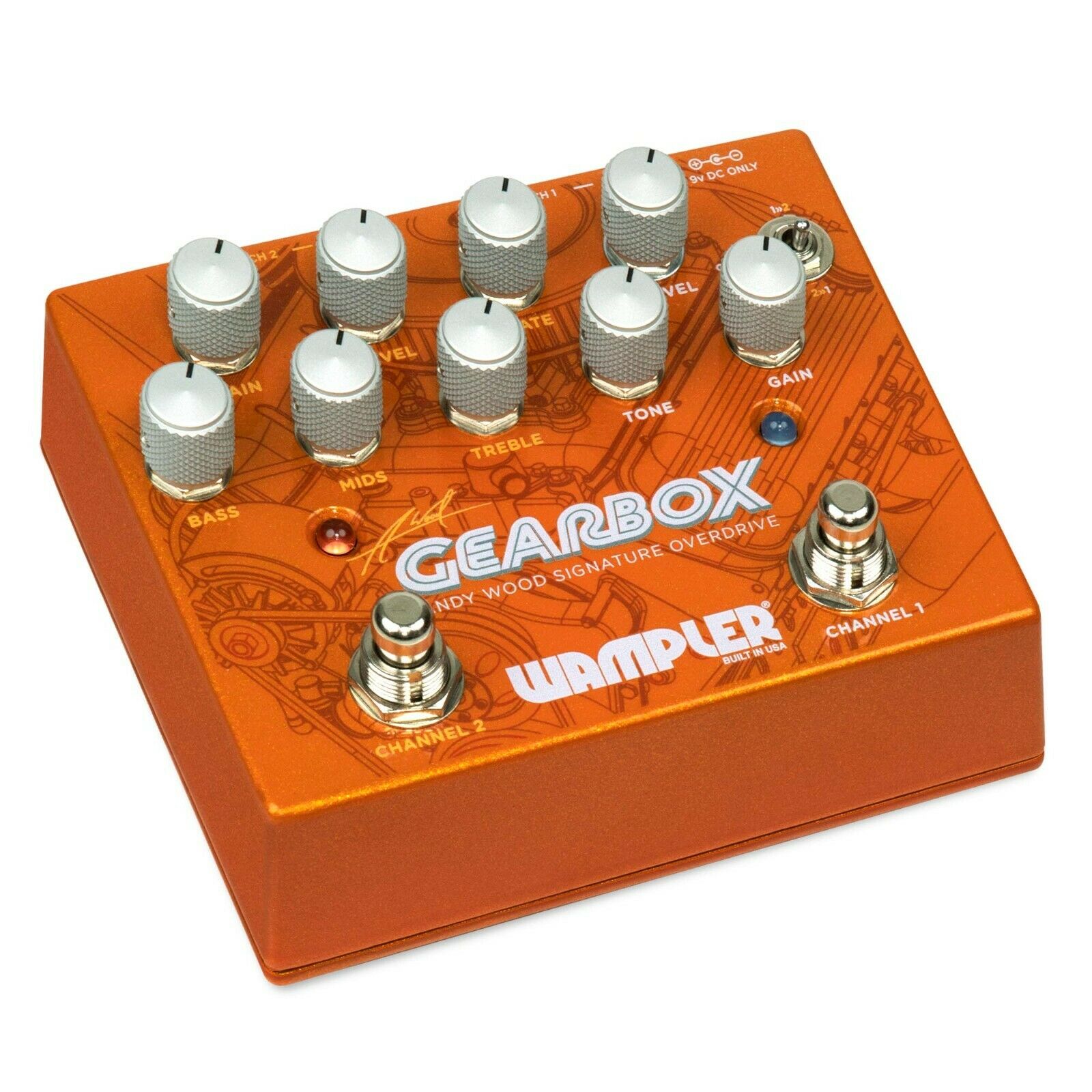 Wampler Gearbox Andy Wood dual overdrive pedal — side jacks view