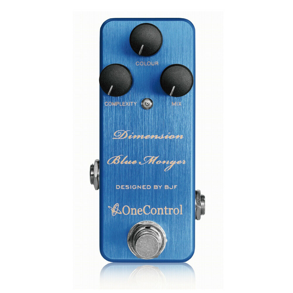 One Control Dimension Blue Monger chorus pedal — blue mini enclosure, top view