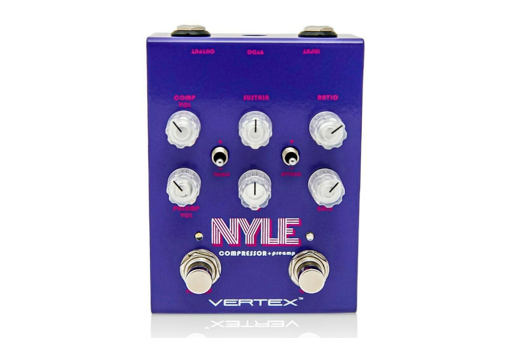 Vertex Nyle Compressor Preamp pedal — purple enclosure front view