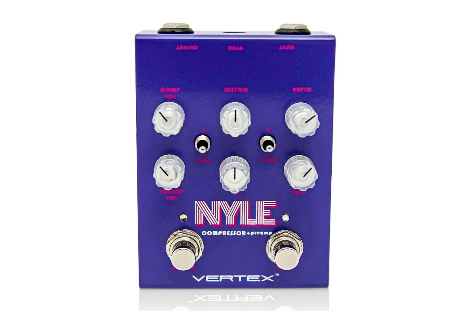 Vertex Nyle Compressor Preamp pedal — purple enclosure front view