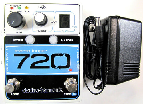 Used Electro-Harmonix 720 Stereo Looper pedal, white and blue, with EHX power supply