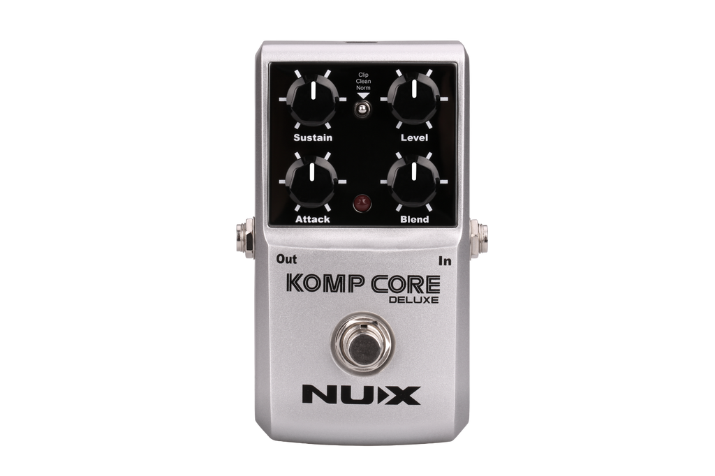 NUX Komp Core Deluxe compressor pedal — silver enclosure front with Sustain Level Attack Blend knobs