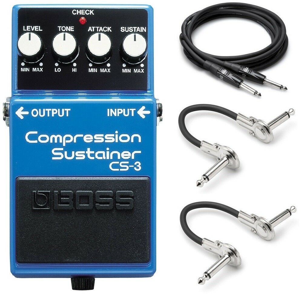 Blue Boss CS-3 Compression Sustainer guitar pedal with included Hosa guitar and patch cables