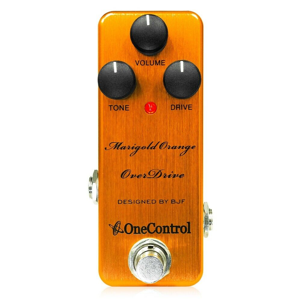 One Control Marigold Orange Overdrive guitar effects pedal, orange anodized aluminum enclosure, Volume, Tone and Drive knobs, BJF design