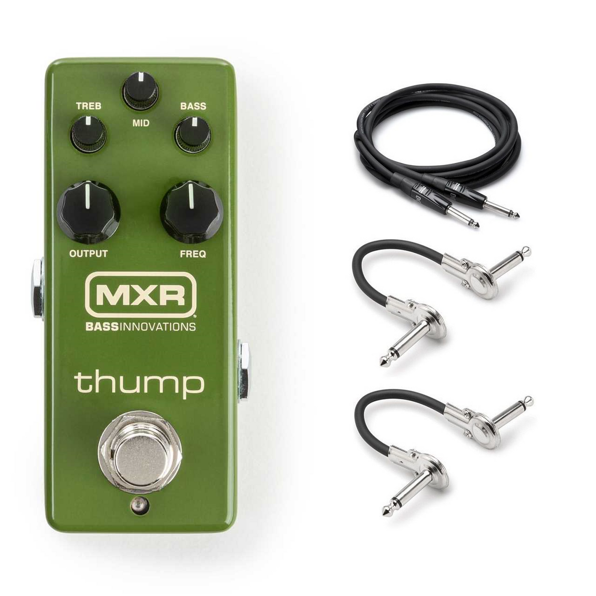 MXR M281 Thump bass preamp pedal — green enclosure with included cables