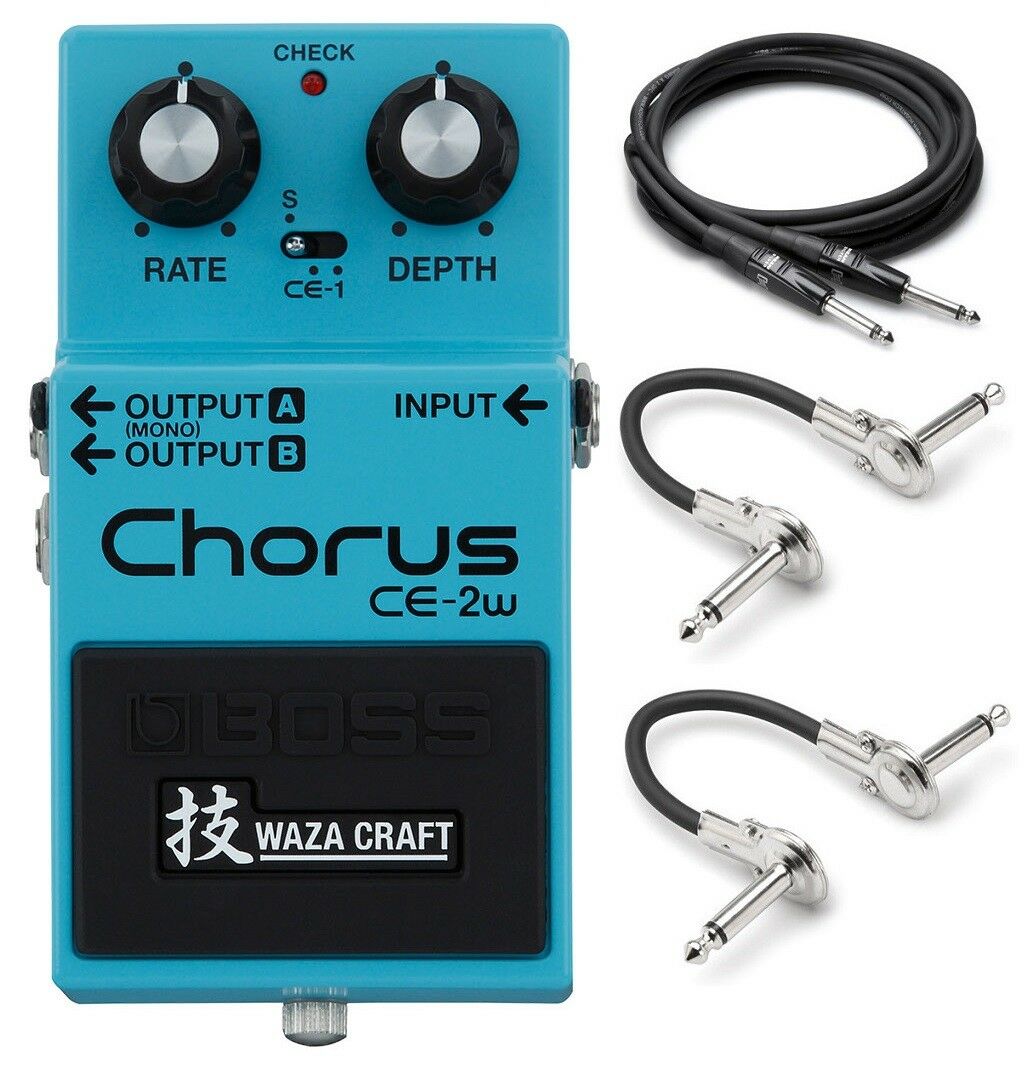 Boss CE-2W Waza Craft chorus pedal — blue front with bundled instrument and patch cables