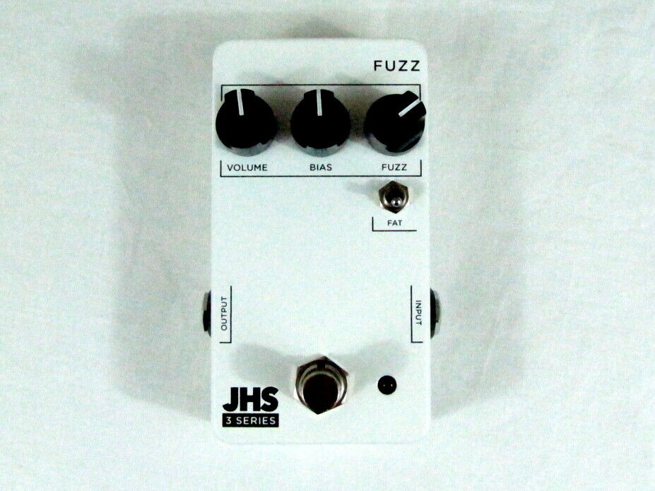JHS 3 Series Fuzz guitar effects pedal — white enclosure top view with Volume, Bias, Fuzz controls