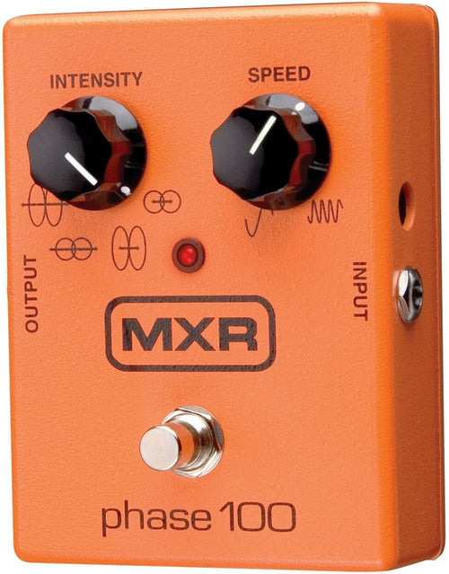 MXR M107 Phase 100 — orange enclosure phaser pedal, angled front view