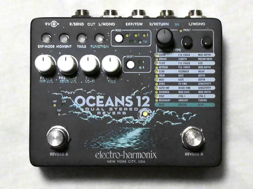 Electro-Harmonix Oceans 12 dual stereo reverb pedal — black enclosure with ocean graphic, top view