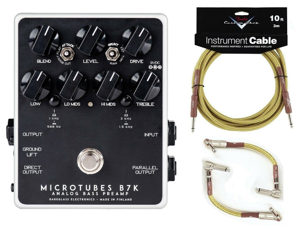 Darkglass Microtubes B7K V2 analog bass preamp pedal — black enclosure with Fender Tweed cables included