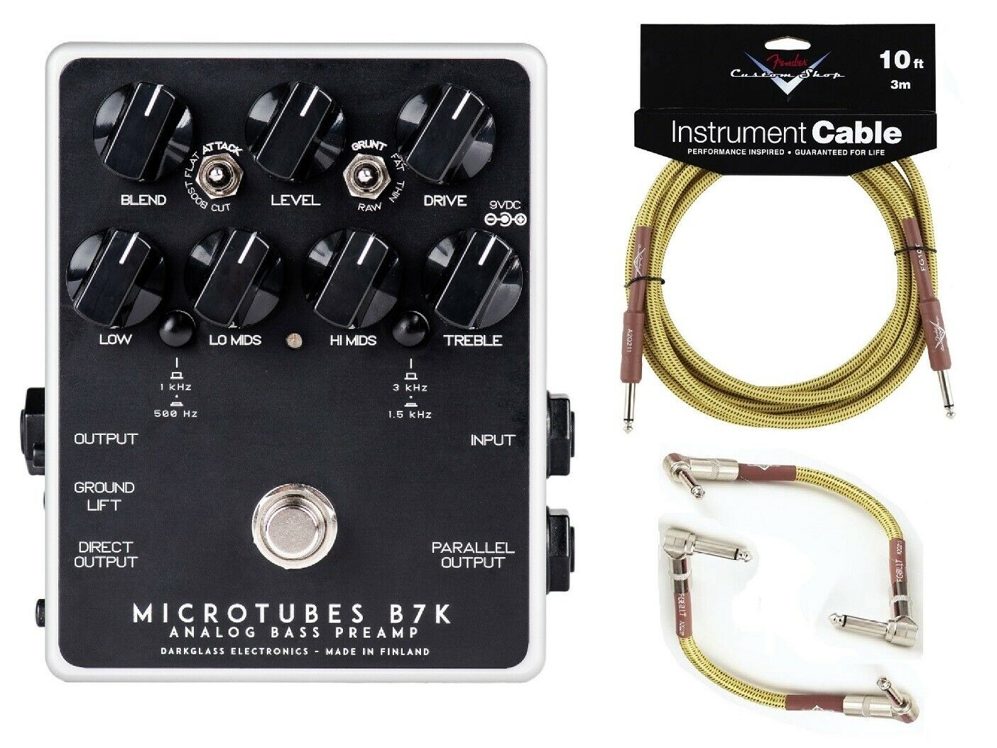Darkglass Microtubes B7K V2 analog bass preamp pedal — black enclosure with Fender Tweed cables included