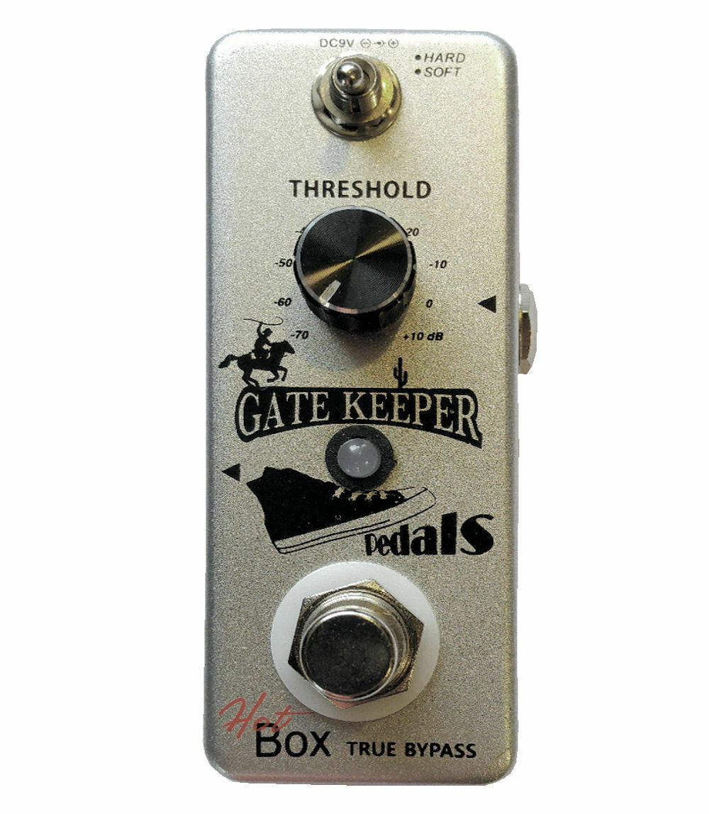 Hot Box Gate Keeper noise gate pedal — threshold knob and mode switch detail
