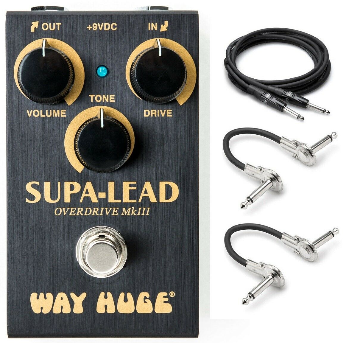 Way Huge Smalls WM31 Supa-Lead overdrive pedal in black with included guitar and patch cables