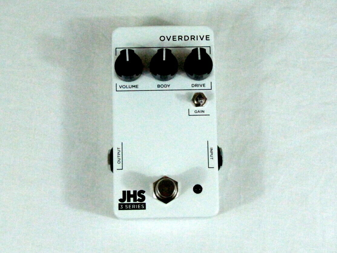 JHS 3 Series Overdrive guitar effects pedal — white enclosure top view with Volume, Body, Drive controls