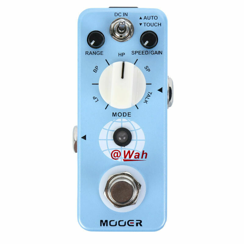 Mooer @Wah digital auto wah pedal - front, light blue micro enclosure