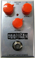Used J Rockett The Hooligan fuzz pedal, silver enclosure with Level, Gain and Gunk controls