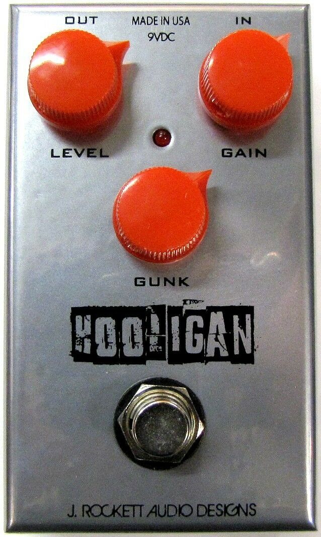 Used J Rockett The Hooligan fuzz pedal, silver enclosure with Level, Gain and Gunk controls