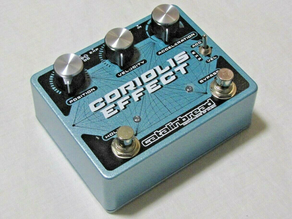 Catalinbread Coriolis Effect pedal — side view of blue enclosure with input jacks