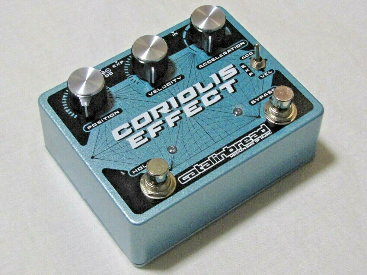 Catalinbread Coriolis Effect pedal — side view of blue enclosure with input jacks