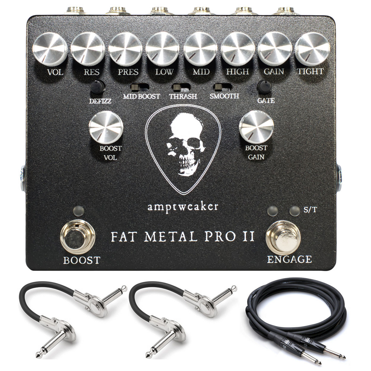 Amptweaker Fat Metal Pro II distortion preamp pedal — charcoal enclosure with skull graphic and bundled cables