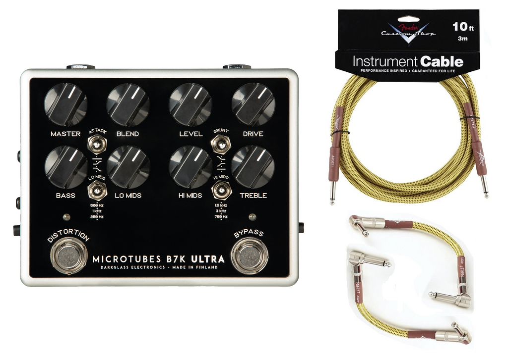 Darkglass Microtubes B7K Ultra V2 bass preamp pedal — black enclosure with included tweed cables