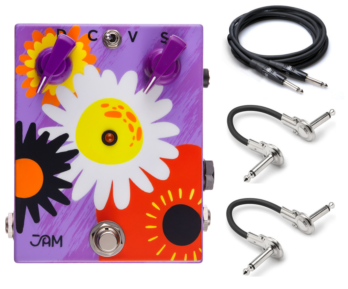 JAM Pedals Retrovibe mk.3 univibe pedal — purple enclosure with flower art, patch and guitar cables