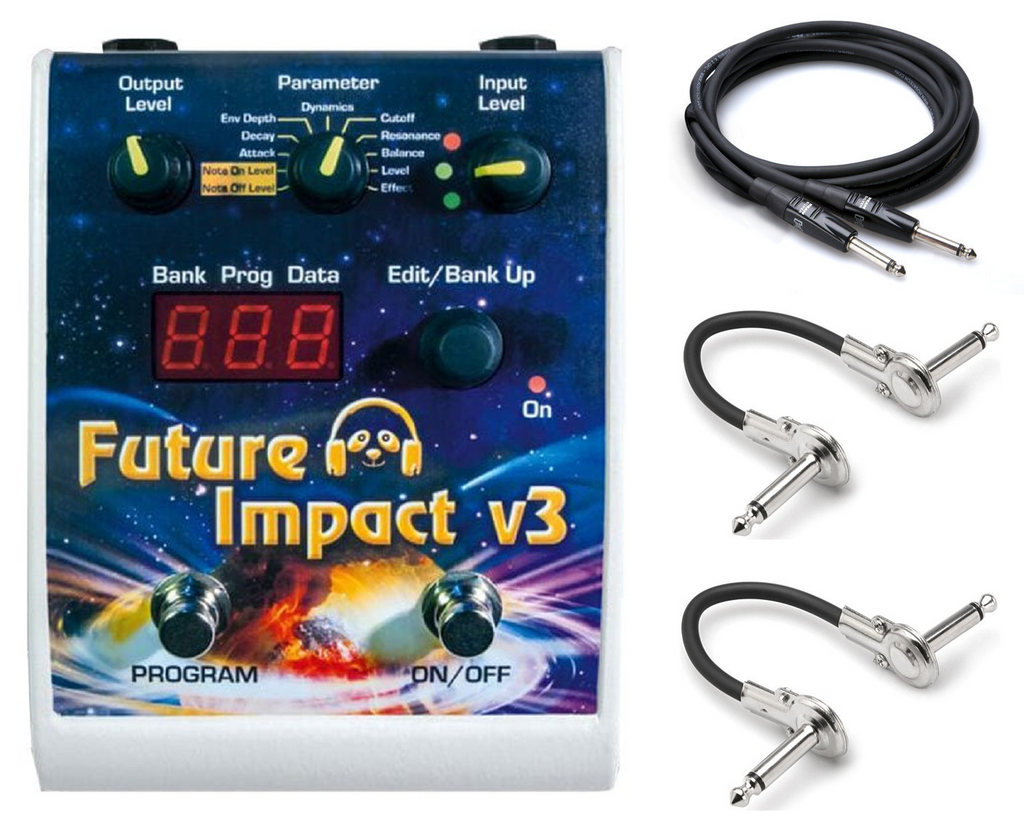 White PandaMidi Future Impact v3 synthesizer pedal with included Hosa guitar and patch cables