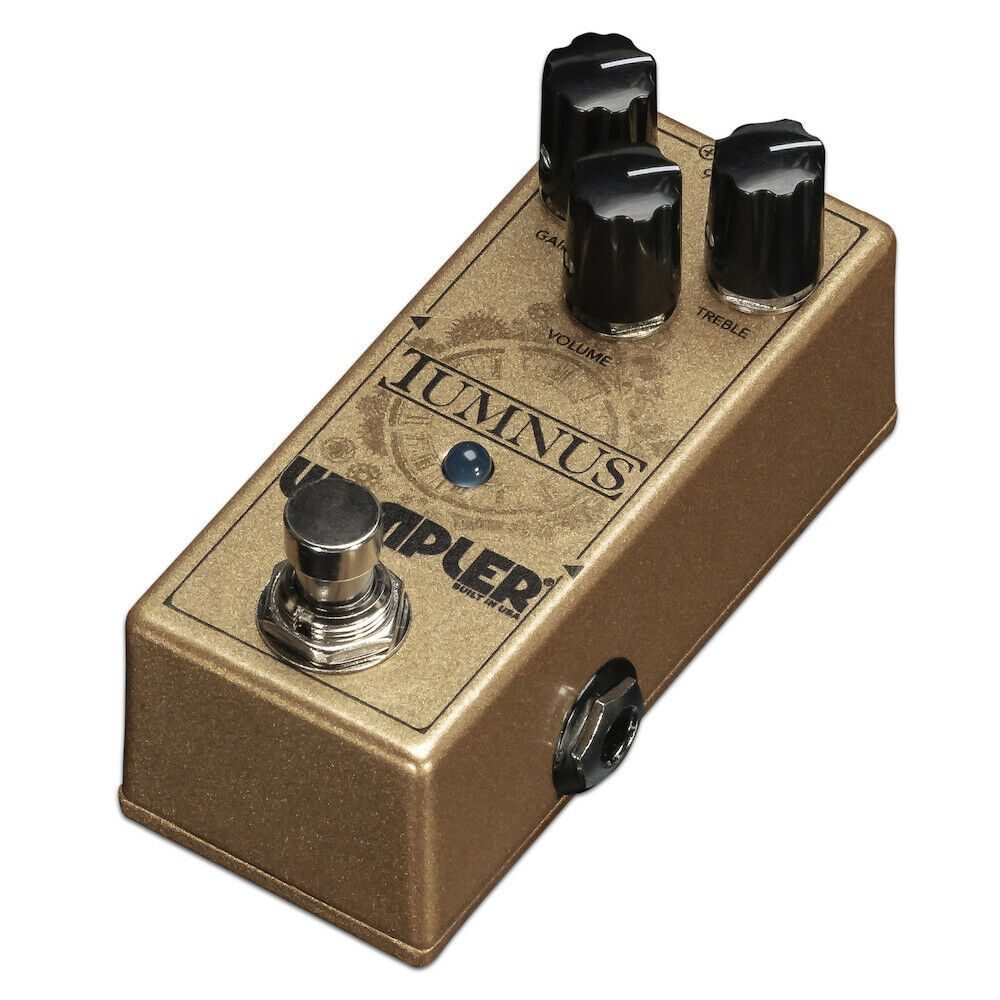 Used Wampler Tumnus overdrive boost pedal, gold mini enclosure angled view