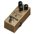 Used Wampler Tumnus overdrive boost pedal, gold mini enclosure angled view