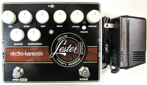 Electro-Harmonix Lester G Deluxe rotary speaker pedal — black enclosure with included power supply