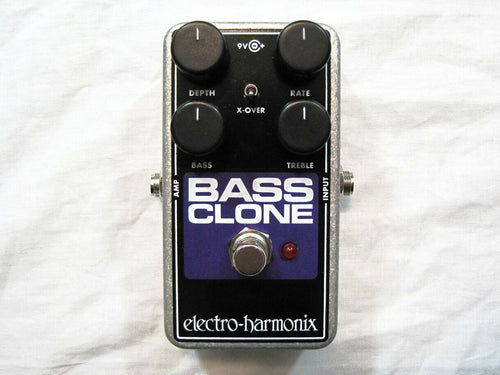 Electro-Harmonix Bass Clone bass chorus pedal in silver enclosure with four knobs and crossover switch