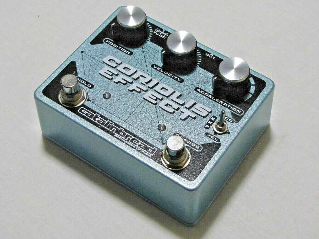 Catalinbread Coriolis Effect pedal — angled view of blue enclosure and footswitches