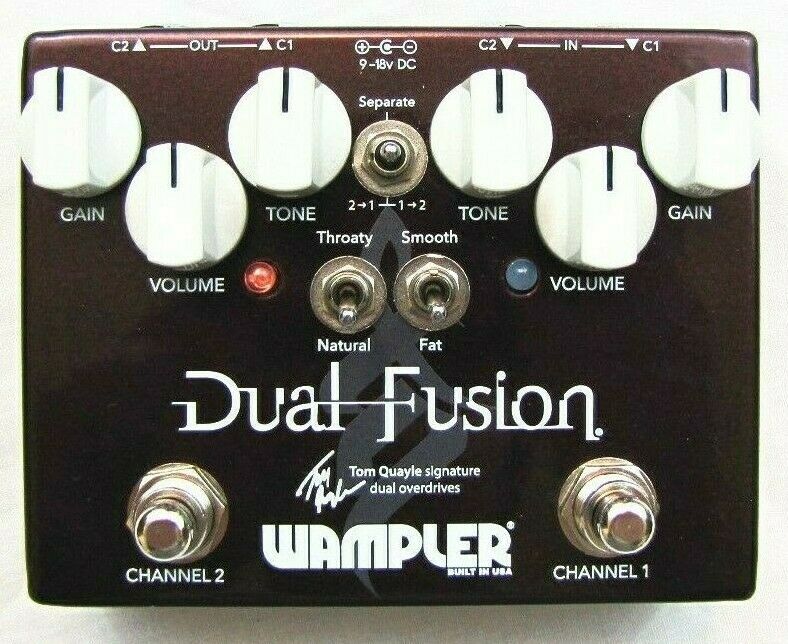 Used Wampler Tom Quayle Dual Fusion V2 overdrive pedal, top view with dual Gain, Volume, Tone knobs