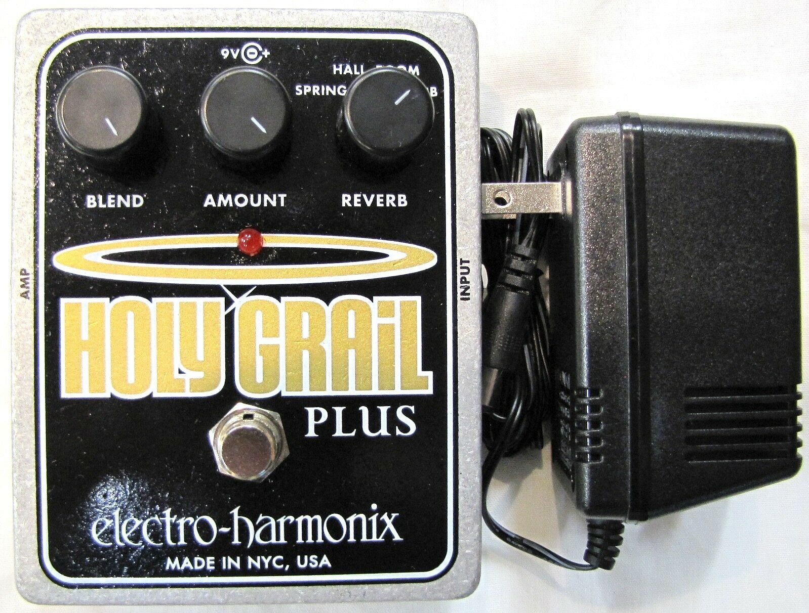 Electro-Harmonix Holy Grail Plus reverb pedal, black enclosure with power supply