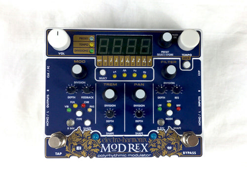 Electro-Harmonix Mod Rex modulation pedal — blue enclosure, top view of controls