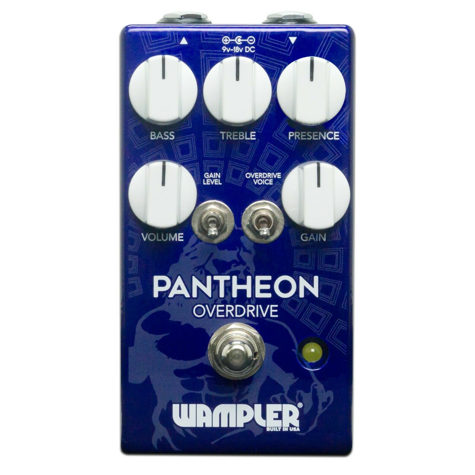 Wampler Pantheon overdrive pedal — blue enclosure, top view with white knobs and two toggle switches