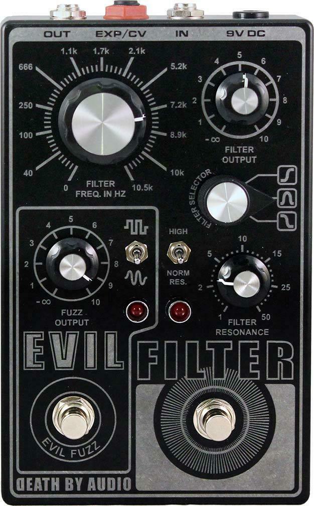 Death By Audio Evil Filter fuzz pedal — black enclosure, top front view
