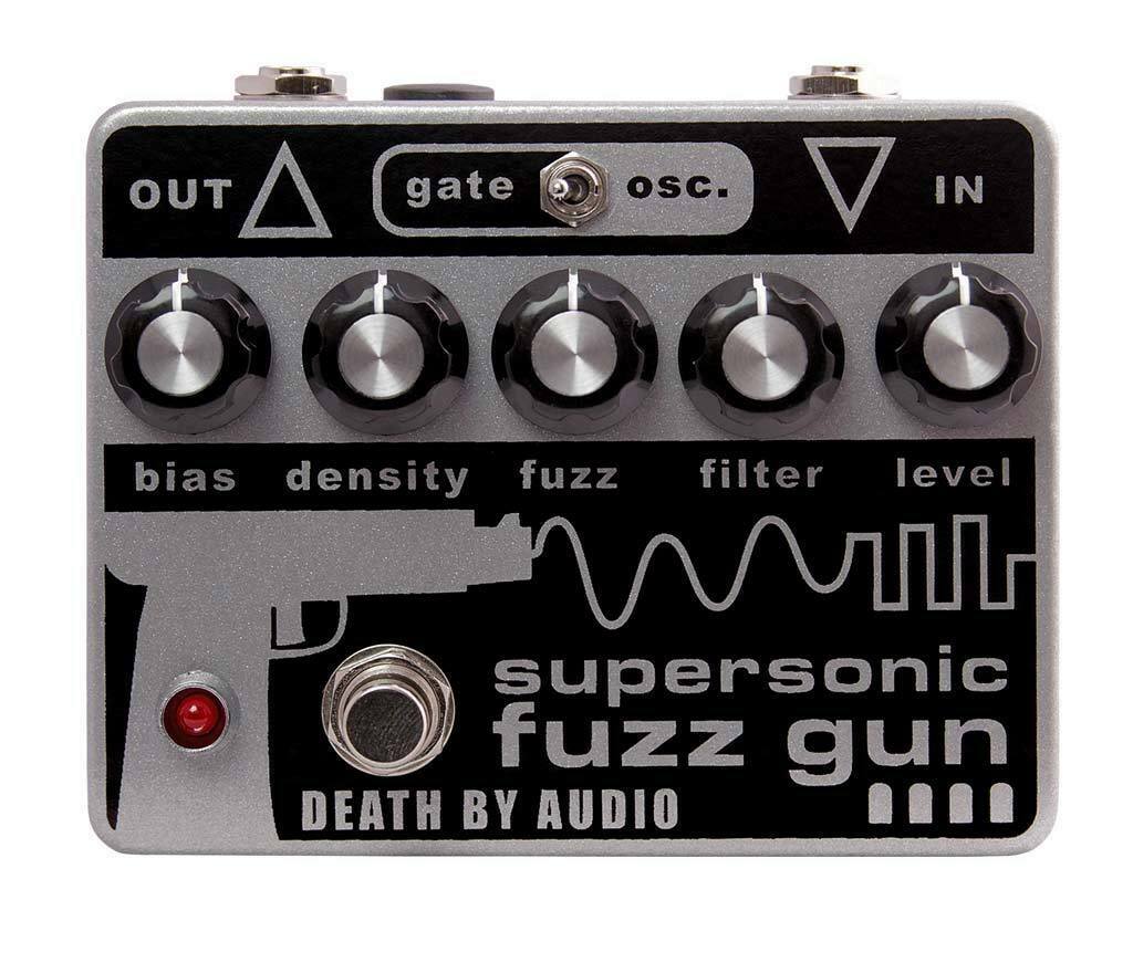 Death By Audio Supersonic Fuzz Gun pedal - silver and black, top view with five knobs