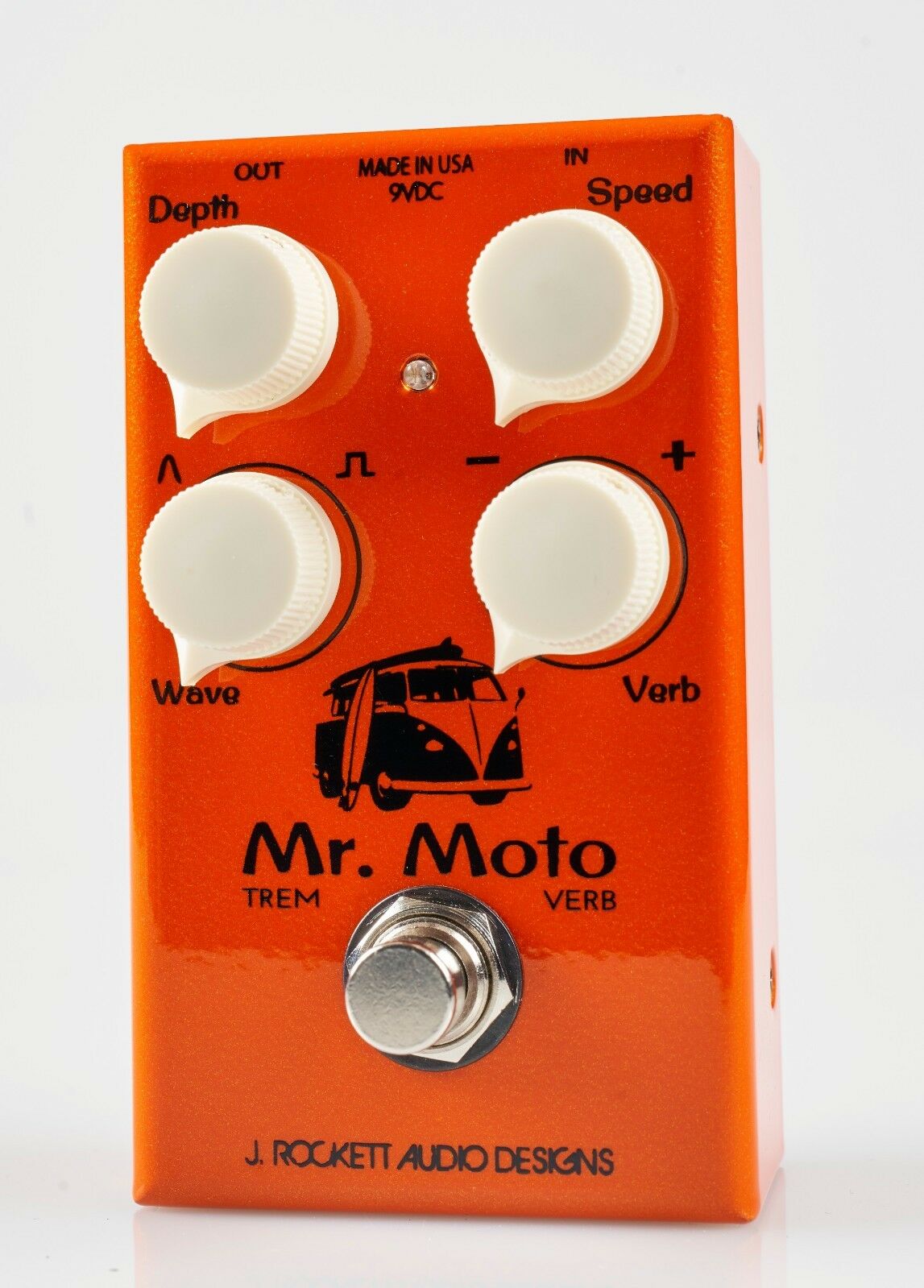 J Rockett Mr Moto tremolo reverb pedal — orange enclosure, front view