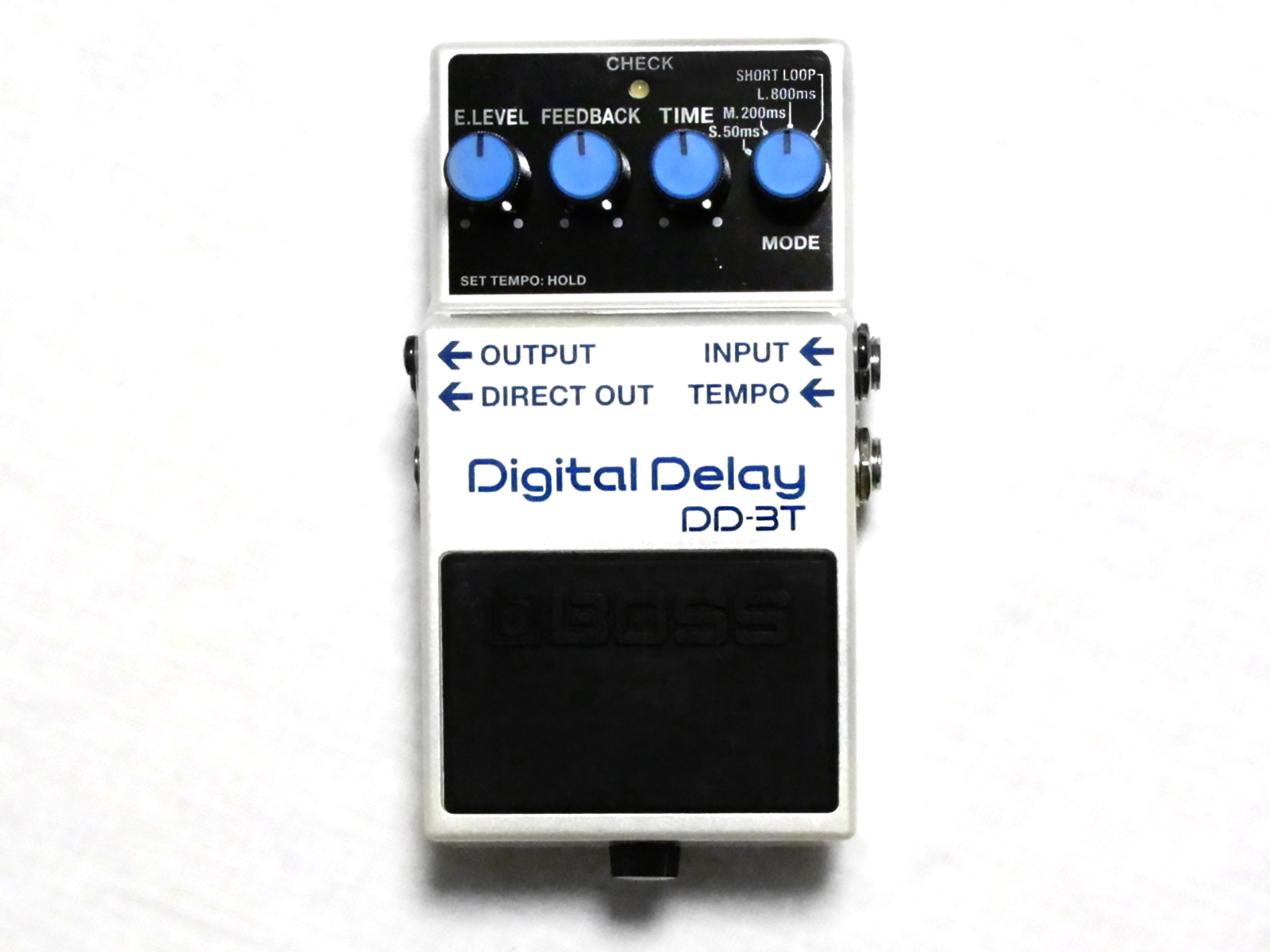 Used Boss DD-3T Digital Delay pedal, white with blue knobs, top view